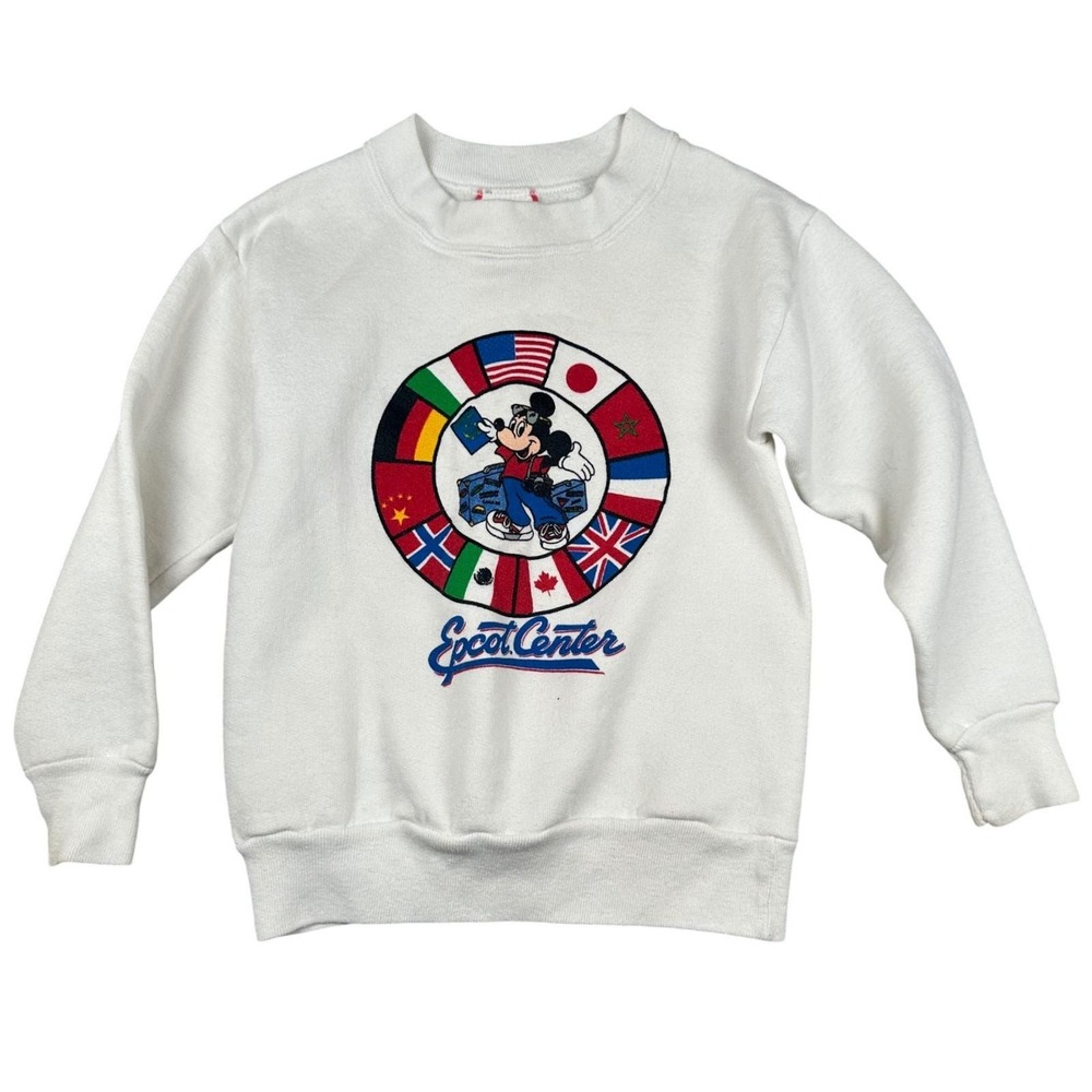 Vintage Disney Epcot Mickey Sweatshirt Kids S (6-8) World Flags White 90s USA
